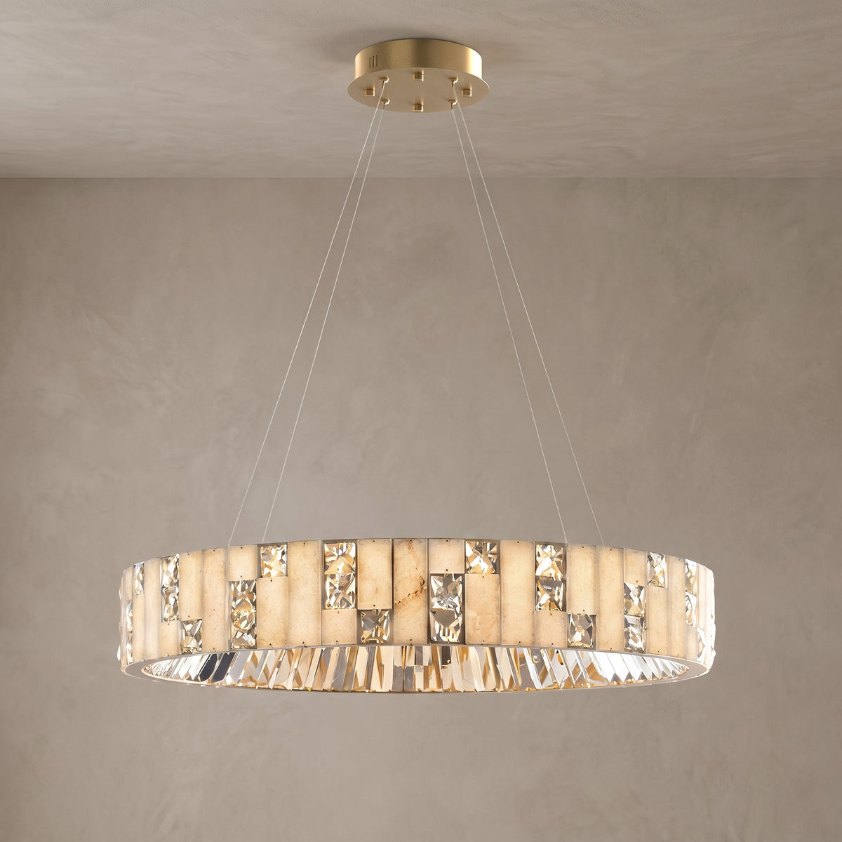 Medium Halcyon alabaster crystal ring chandelier, close-up