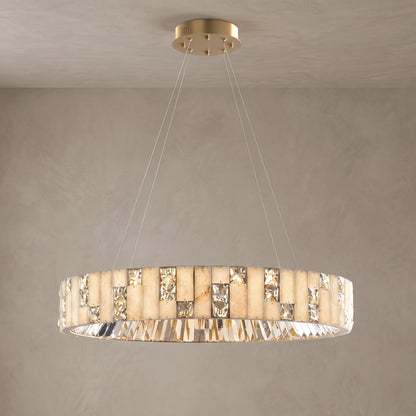 Medium Halcyon alabaster crystal ring chandelier, close-up