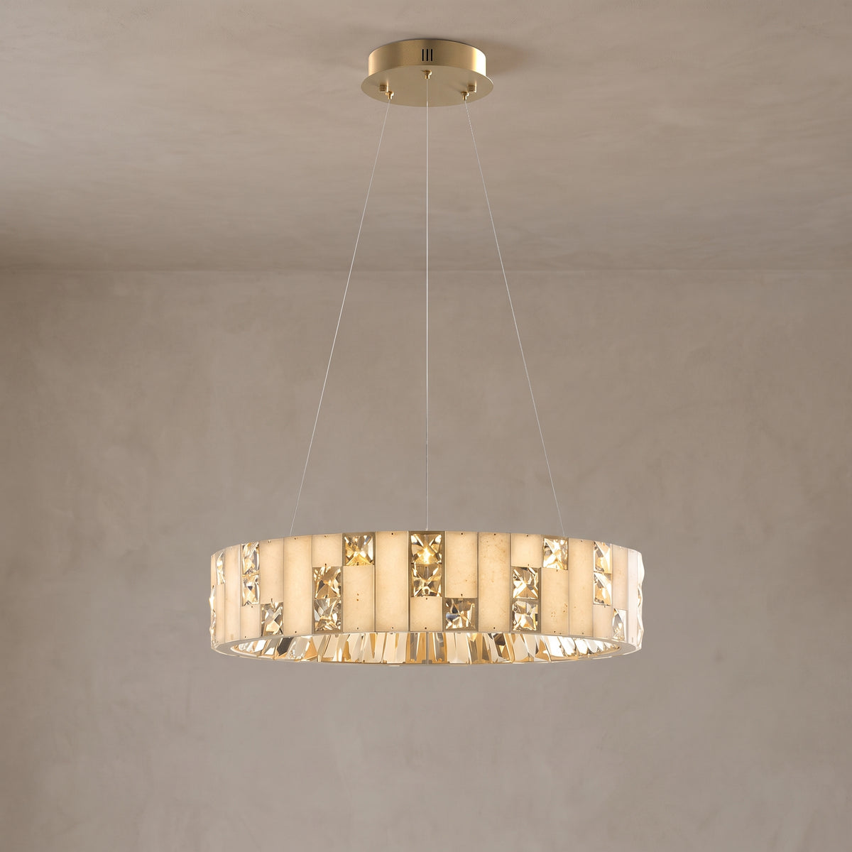 Small Halcyon alabaster crystal ring chandelier, close-up