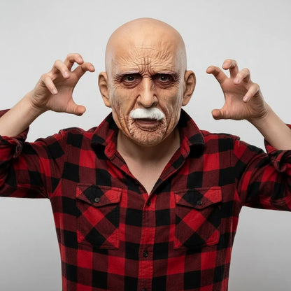 Full head old man costume mask with a sculpted aged face and attached white beard