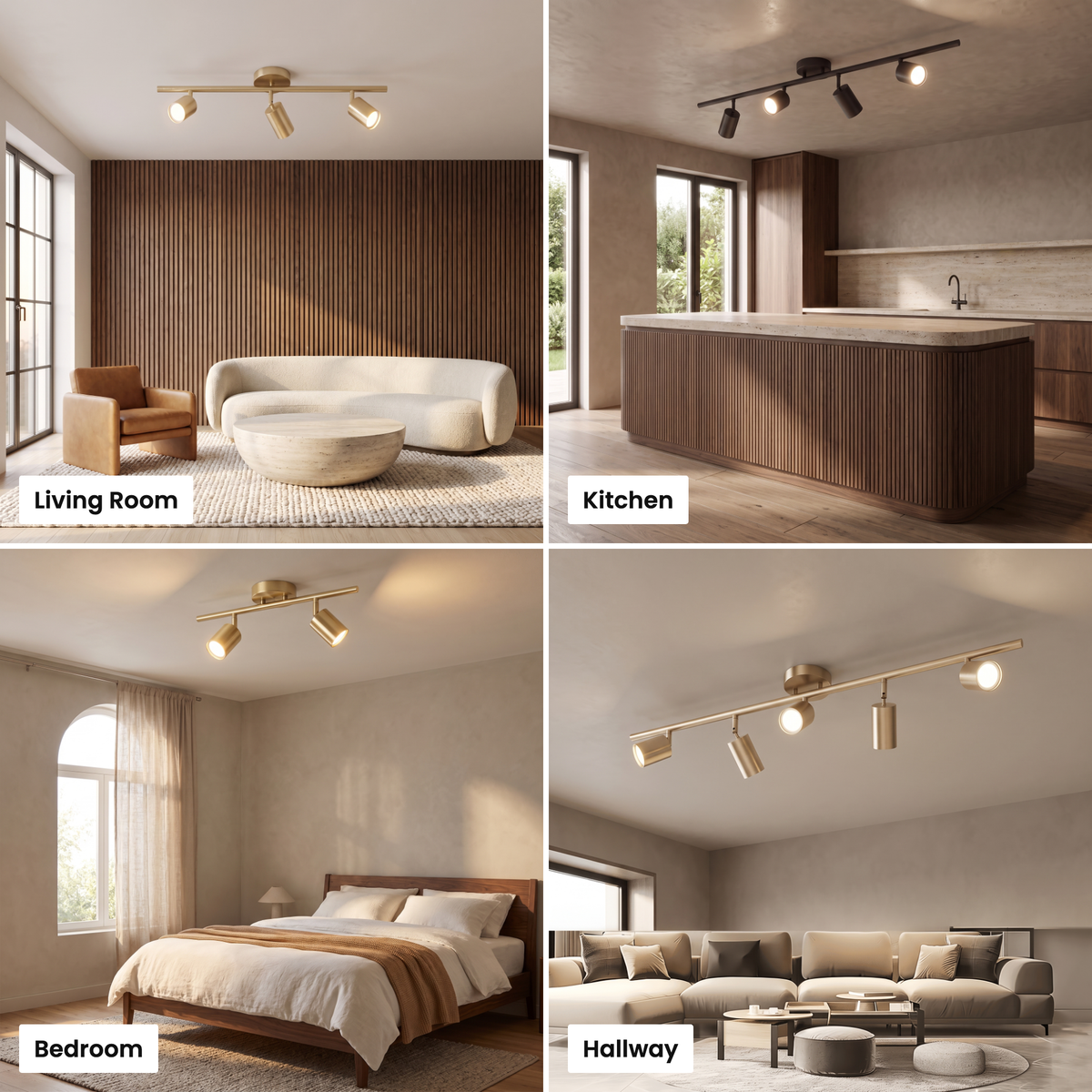 Casimir track light shown in living room, kitchen, bedroom and hallway settings