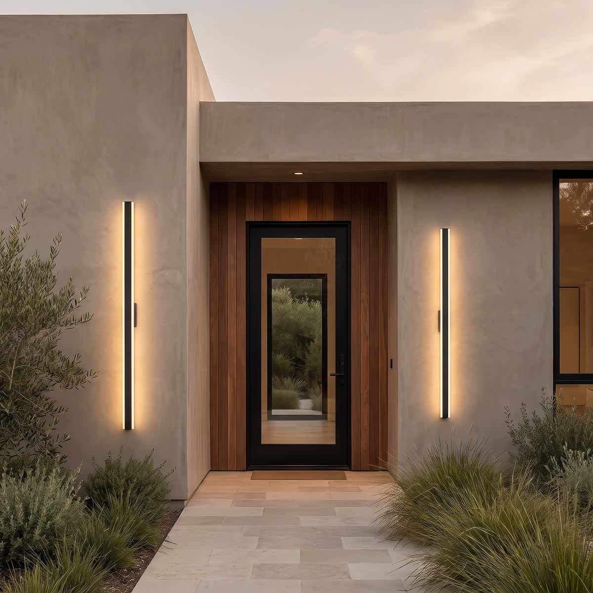 Haylen linear LED outdoor wall light on a modern house entrance at dusk