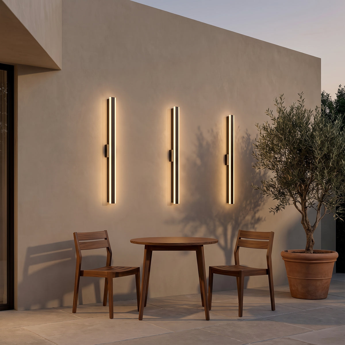 Haylen linear LED wall light on a covered patio wall