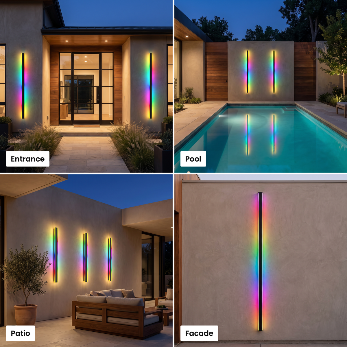 Haylen RGB outdoor wall light shown at entrance, pool, patio and facade
