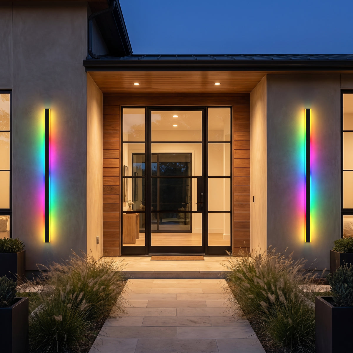 Haylen RGB color changing outdoor wall light on a modern house entrance at night