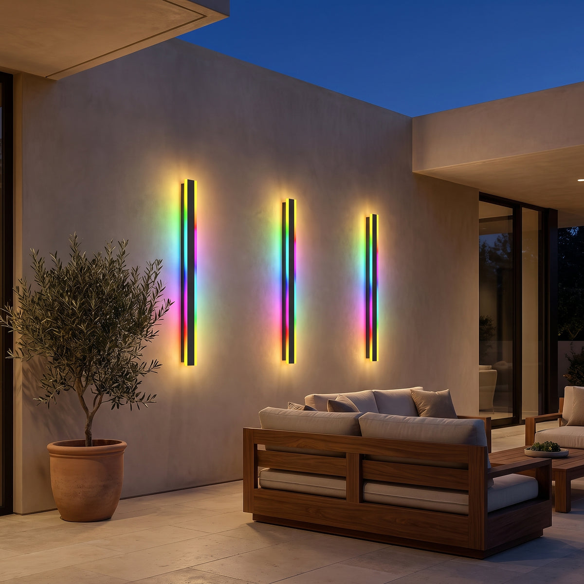 Haylen RGB wall light on a covered patio wall at night