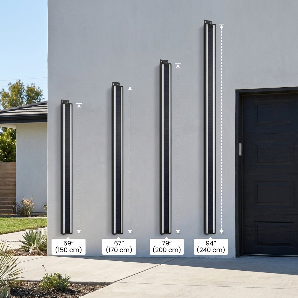 Haylen Solar size comparison 59 to 94 inch next to garage door