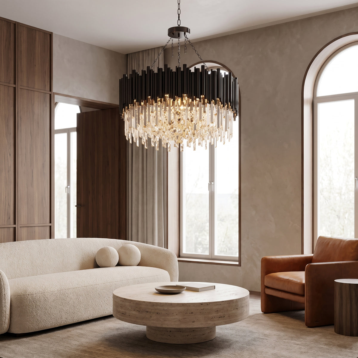 Noctis black crystal chandelier at true scale in a warm living room
