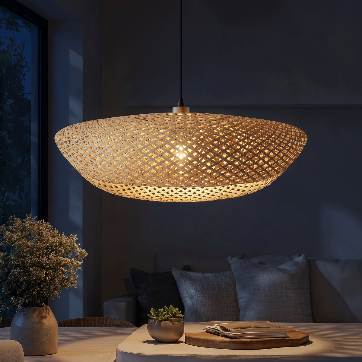 Amara bamboo chandelier at night — lights on