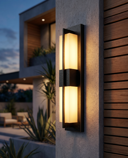 Corbin Outdoor Wall Light, Vertical Sconce, IP65 Waterproof, Black & Gold Acrylic Diffuser