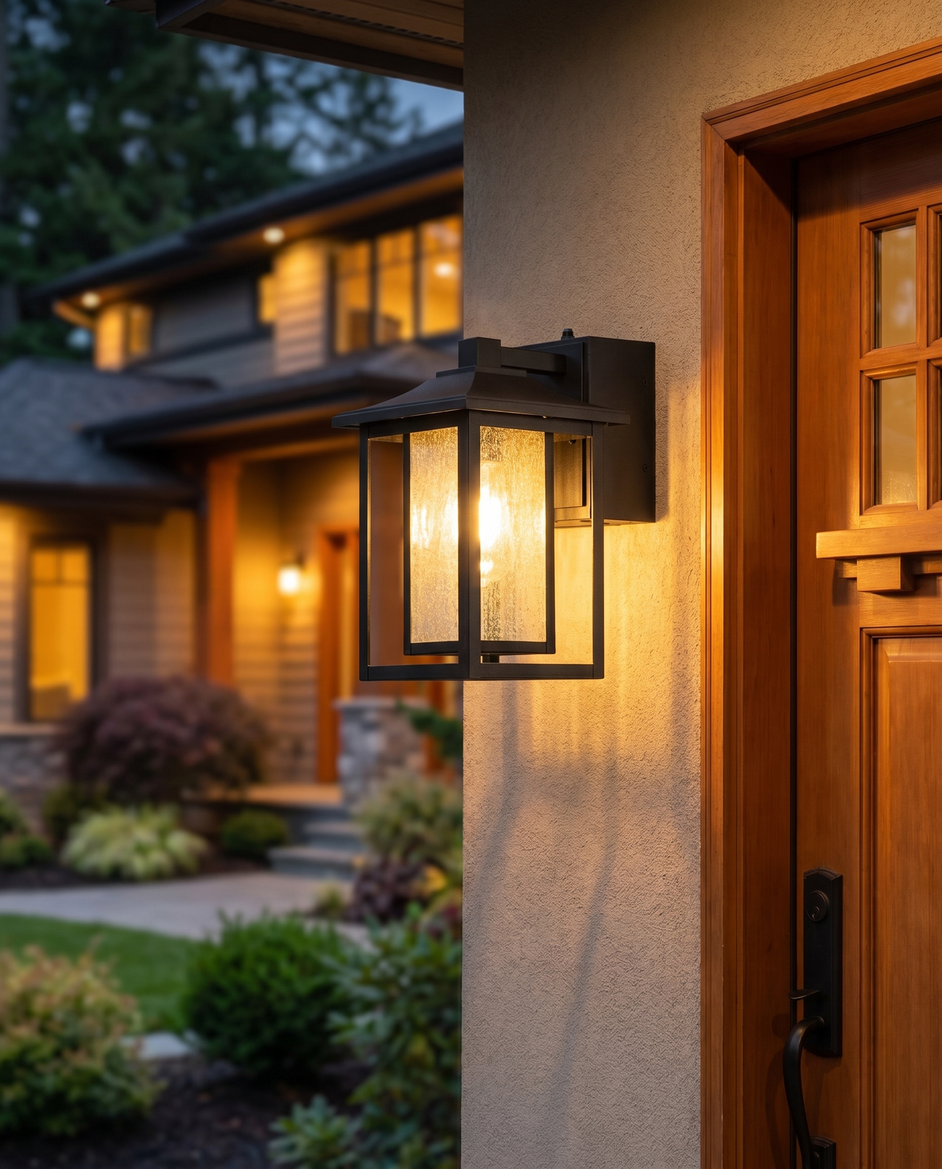 Harlow Outdoor Lantern, Dusk-to-Dawn Wall-Mount, Built-In GFCI Outlets, IP44