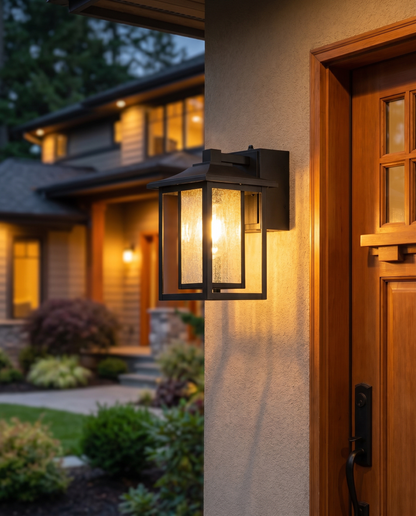 Harlow Outdoor Lantern, Dusk-to-Dawn Wall-Mount, Built-In GFCI Outlets, IP44