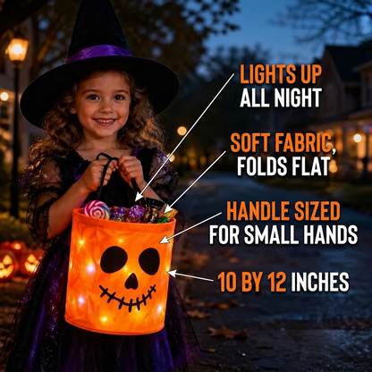LED trick-or-treat bucket close-up showing the internal LED string lights