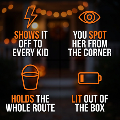 LED trick-or-treat bucket glowing orange with jack-o-lantern face design