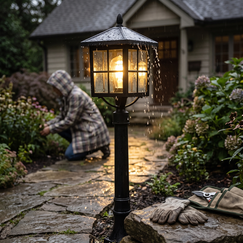 Ashford Vintage Solar Outdoor Post Lamp, Solar or Hardwired, 31.5 in Black Aluminum, IP54 LED