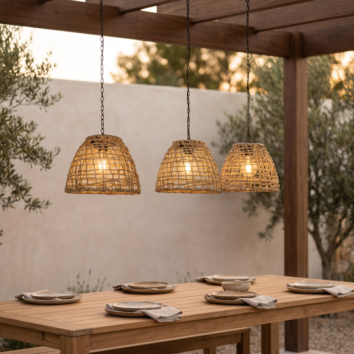 Three Havana lanterns in a row above an outdoor dining table
