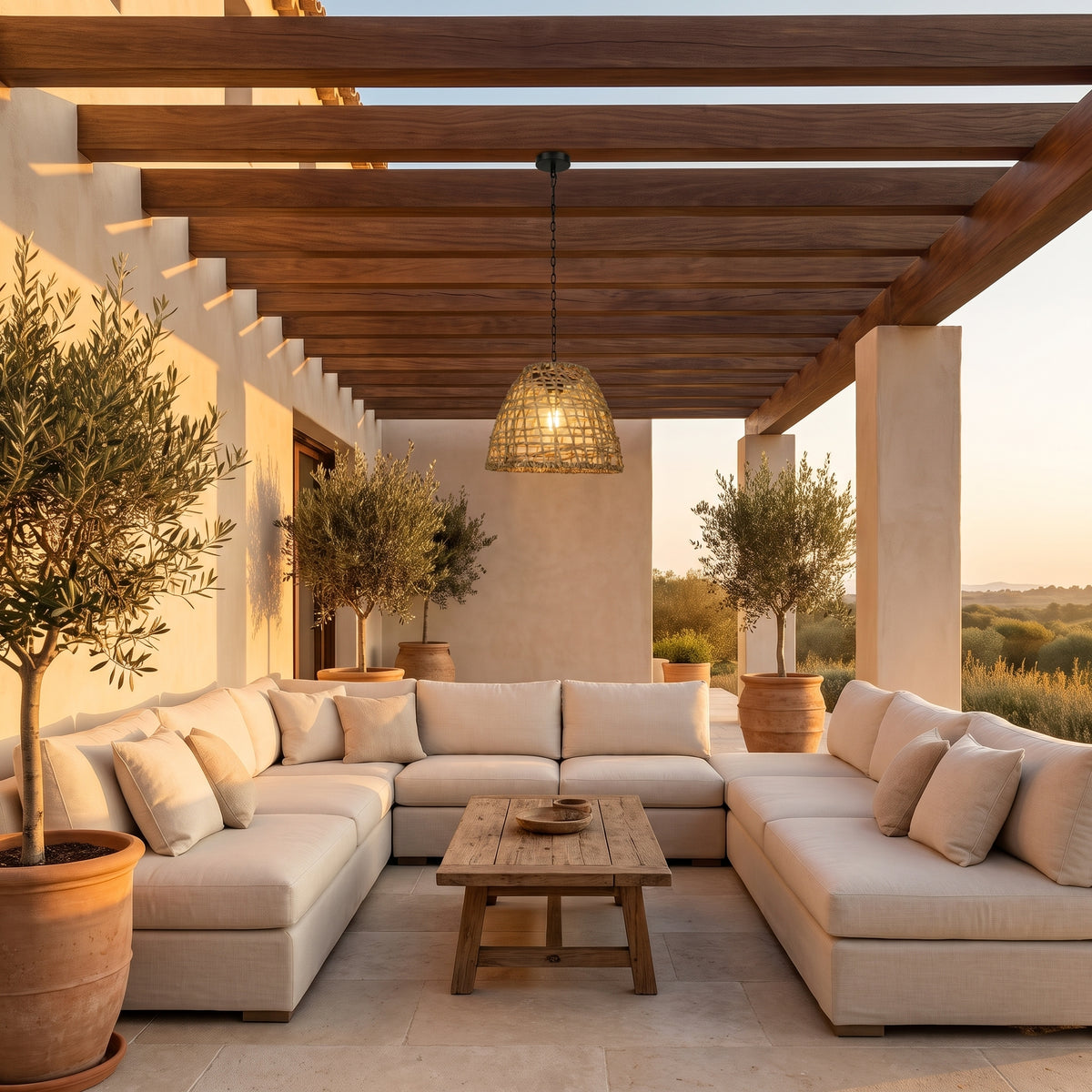 Havana lantern at true size above a patio lounge set at dusk
