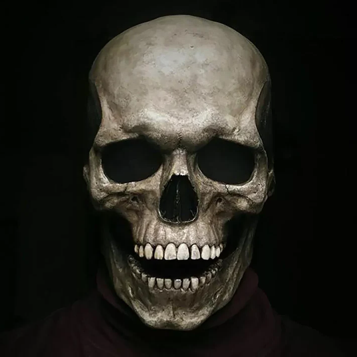 Full head latex skull mask with a hinged movable jaw