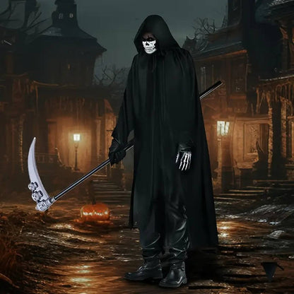Grim reaper costume with a full-length black hooded robe