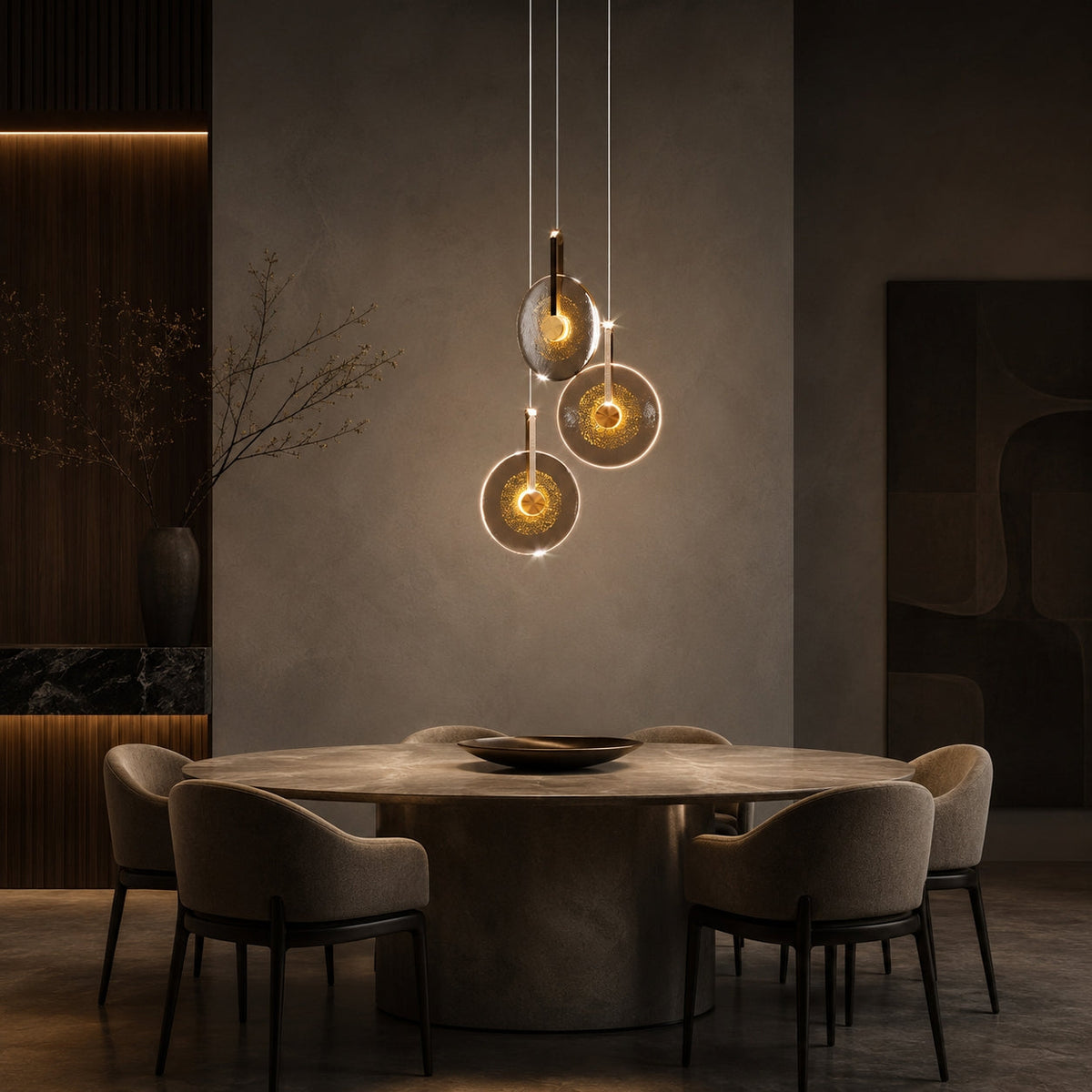 Aurum Gold Pendant Light, Gold Leaf Glass Disc Fixture, Dimmable LED, Dining Room & Foyer
