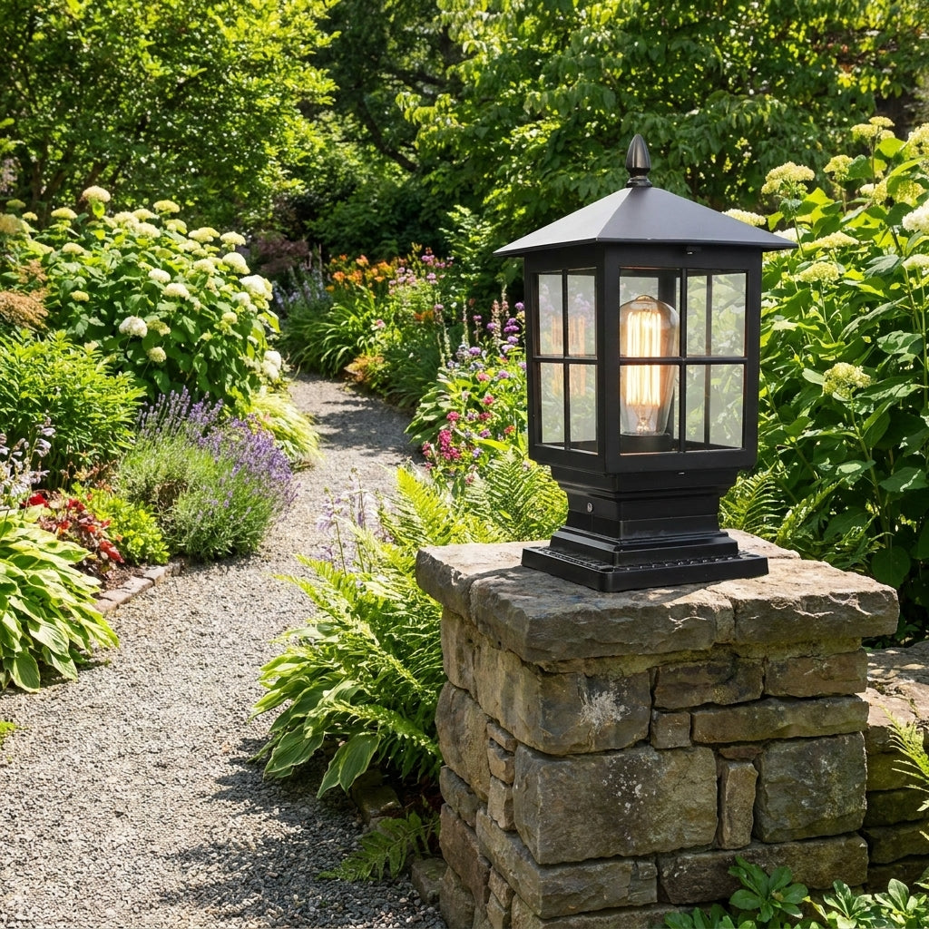 Ironwood solar pillar light - daytime garden path