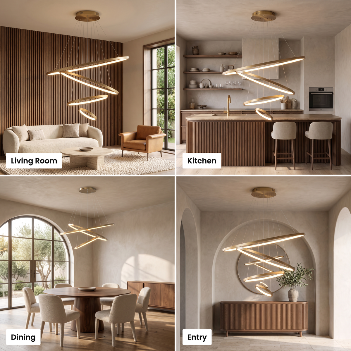 Ivette ring chandelier shown in living room, kitchen, dining and entry settings