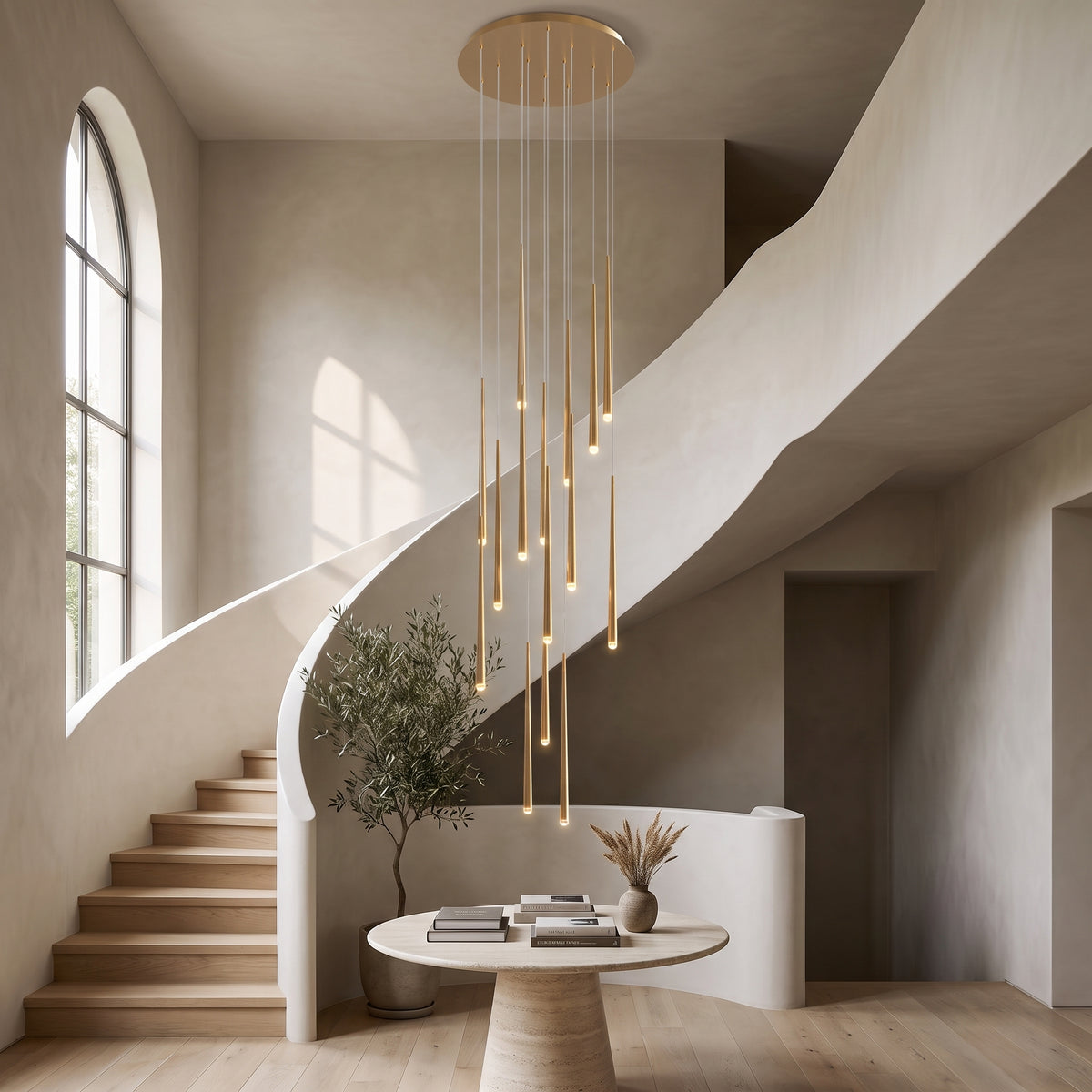 Cascading gold chandelier with 15 lights hanging in a double-height stairwell
