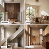 Four settings side by side: living room, dining, stairwell and lobby