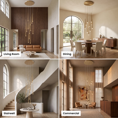 Four settings side by side: living room, dining, stairwell and lobby