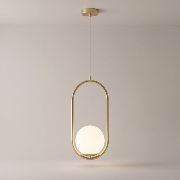 Opaline Gold Hoop Pendant Light, Opal Glass Globe, 2 Finishes
