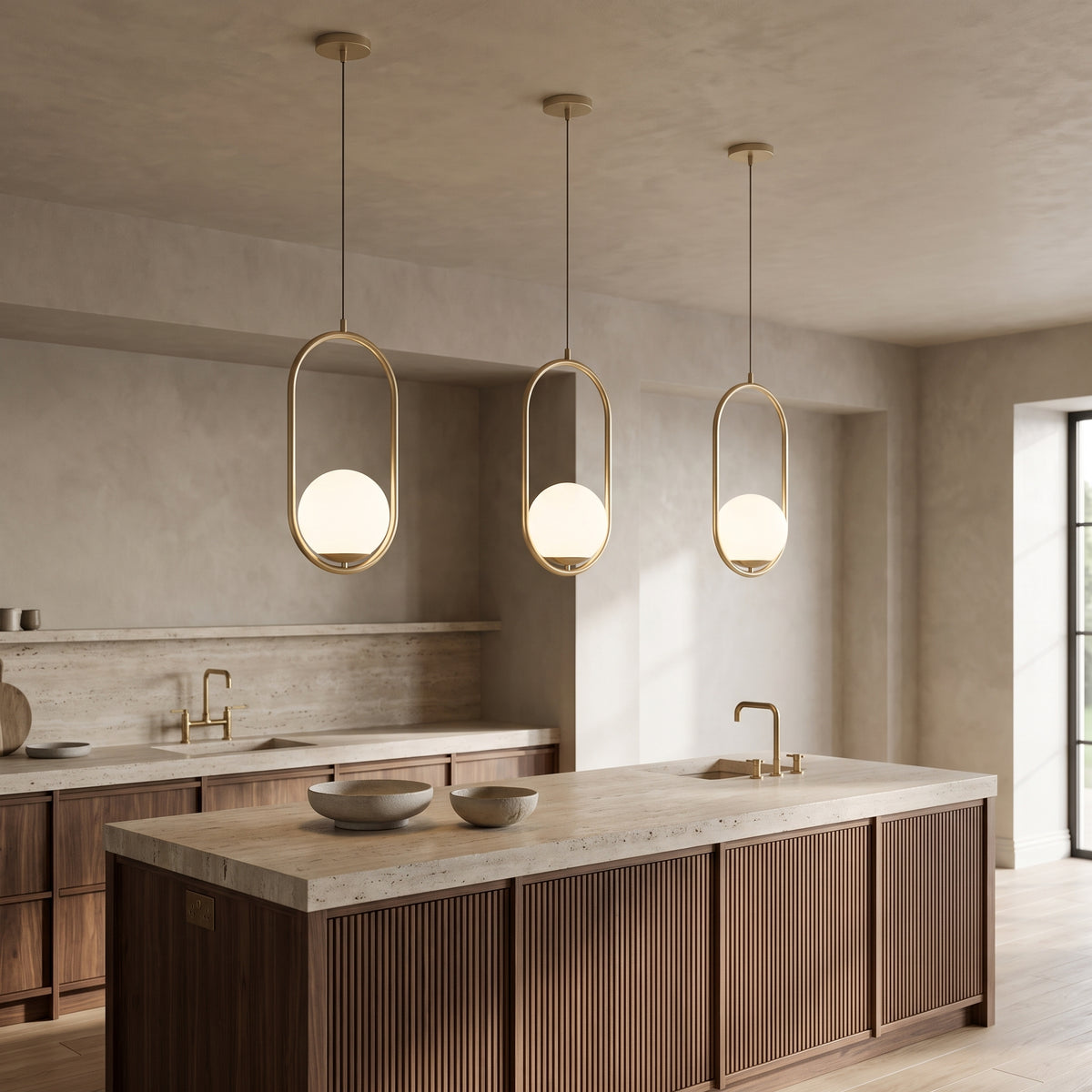 Three Opaline pendants above a walnut kitchen island