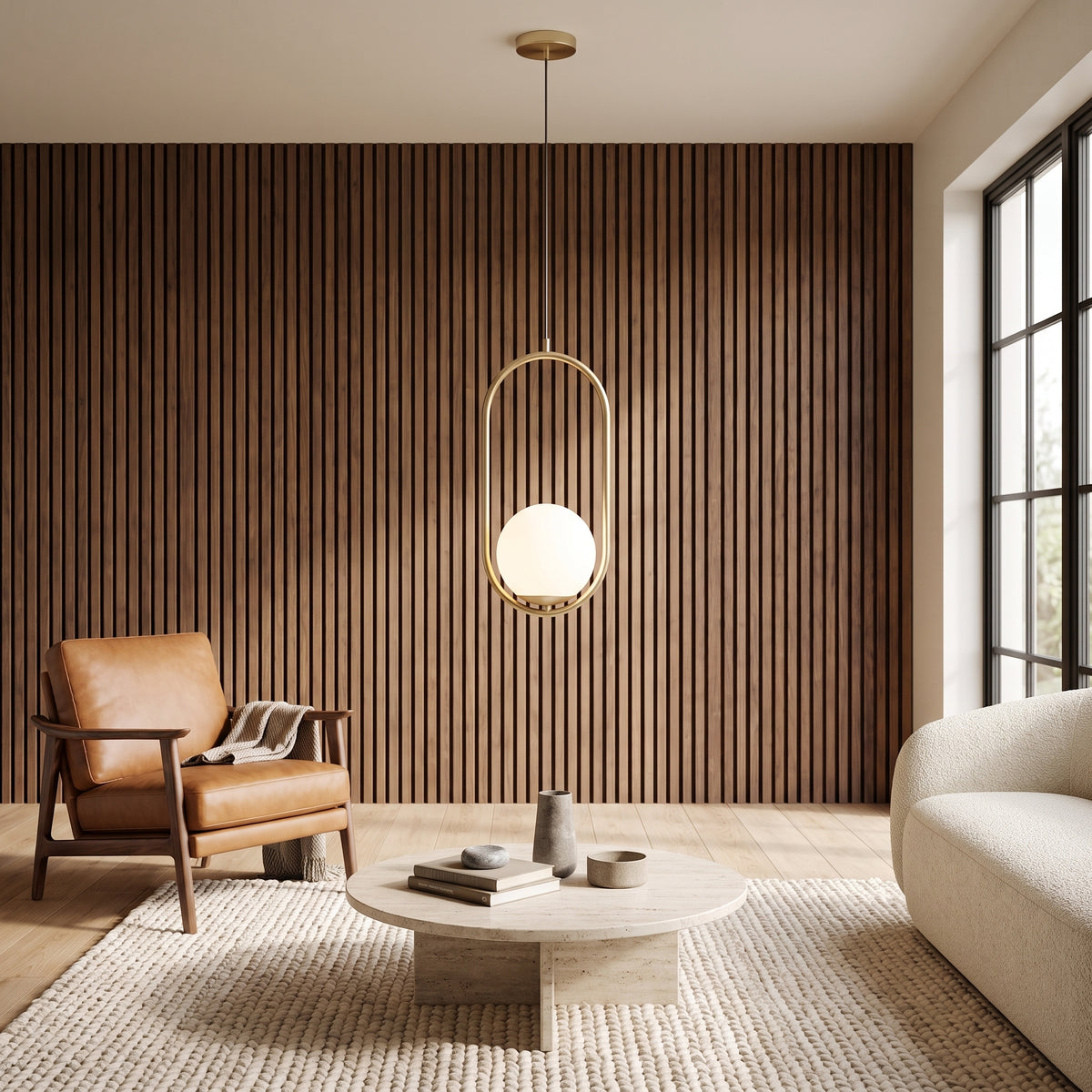 Opaline pendant in a living room with a walnut slat wall