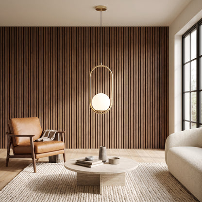 Opaline pendant in a living room with a walnut slat wall