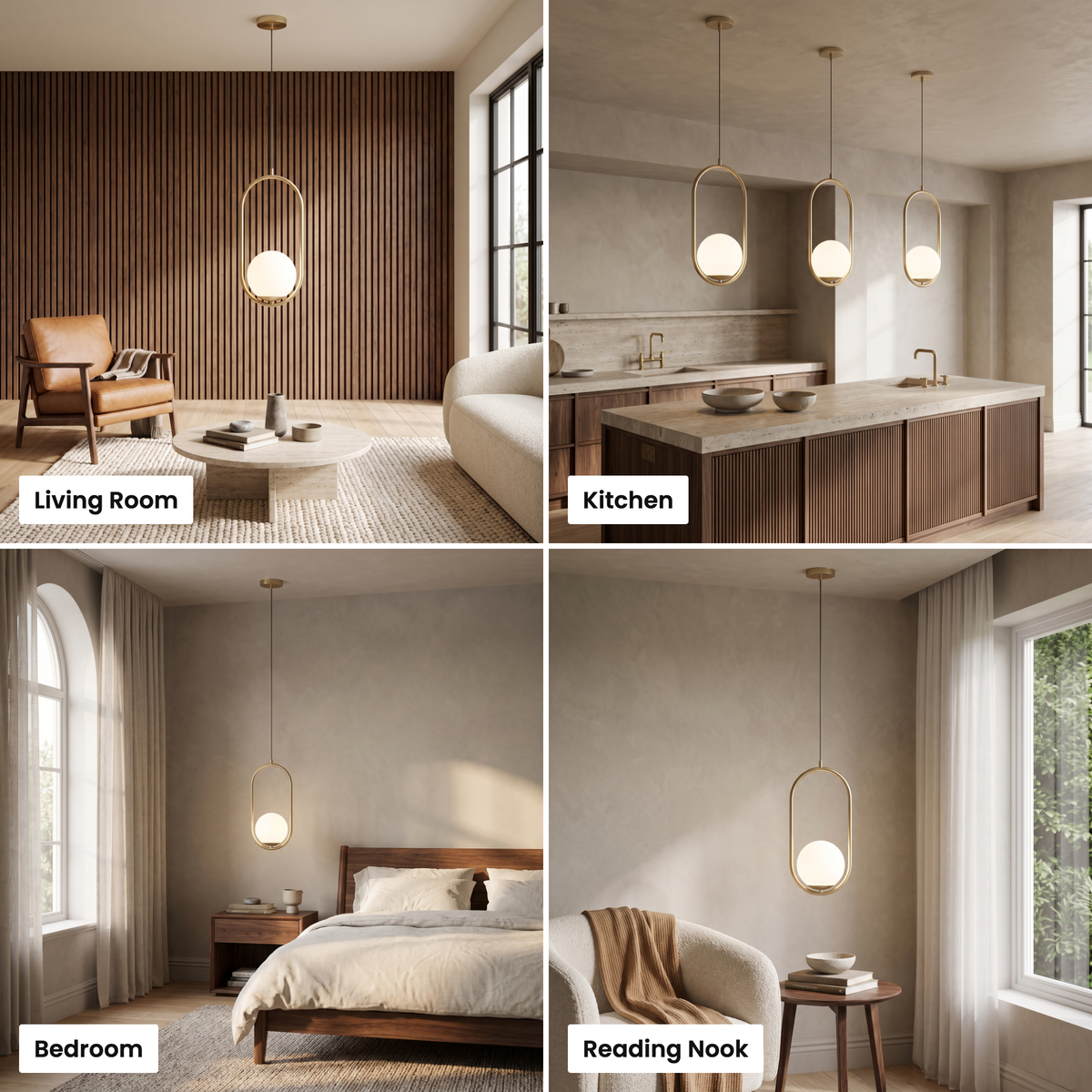 Opaline pendant shown in living room, kitchen, bedroom and reading nook settings