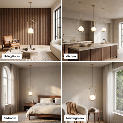 Opaline pendant shown in living room, kitchen, bedroom and reading nook settings