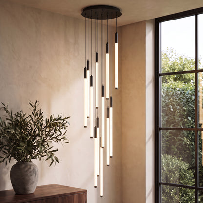 Cascading LED tube chandelier in black with 12 lights
