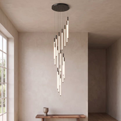 Cascading LED tube chandelier in black with 18 lights