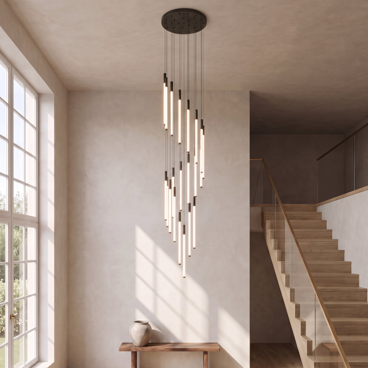 Cascading LED tube chandelier in black with 26 lights