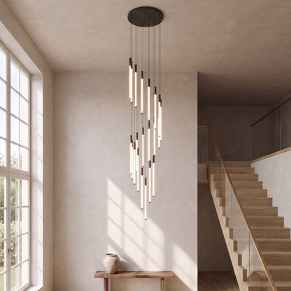 Cascading LED tube chandelier in black with 26 lights