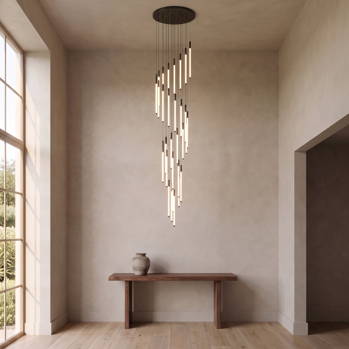 Cascading LED tube chandelier in black with 32 lights