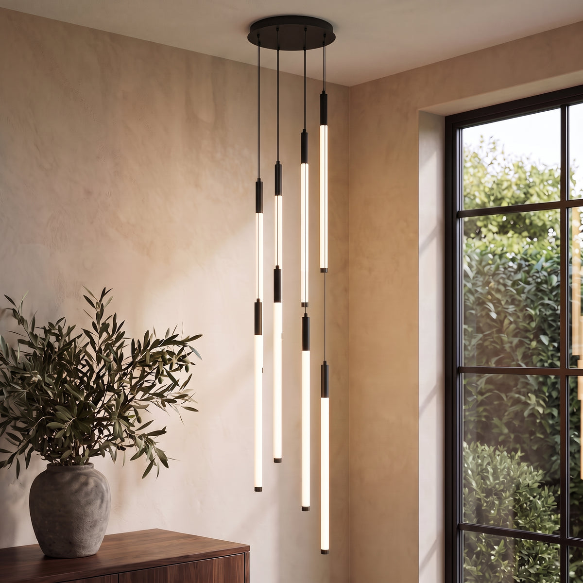 Cascading LED tube chandelier in black with 8 lights