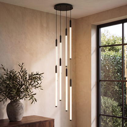 Cascading LED tube chandelier in black with 8 lights