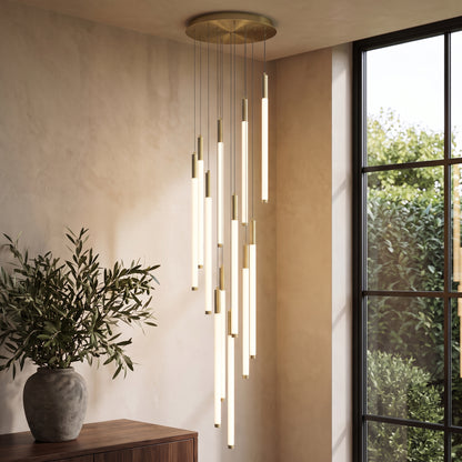 Cascading LED tube chandelier in gold with 12 lights
