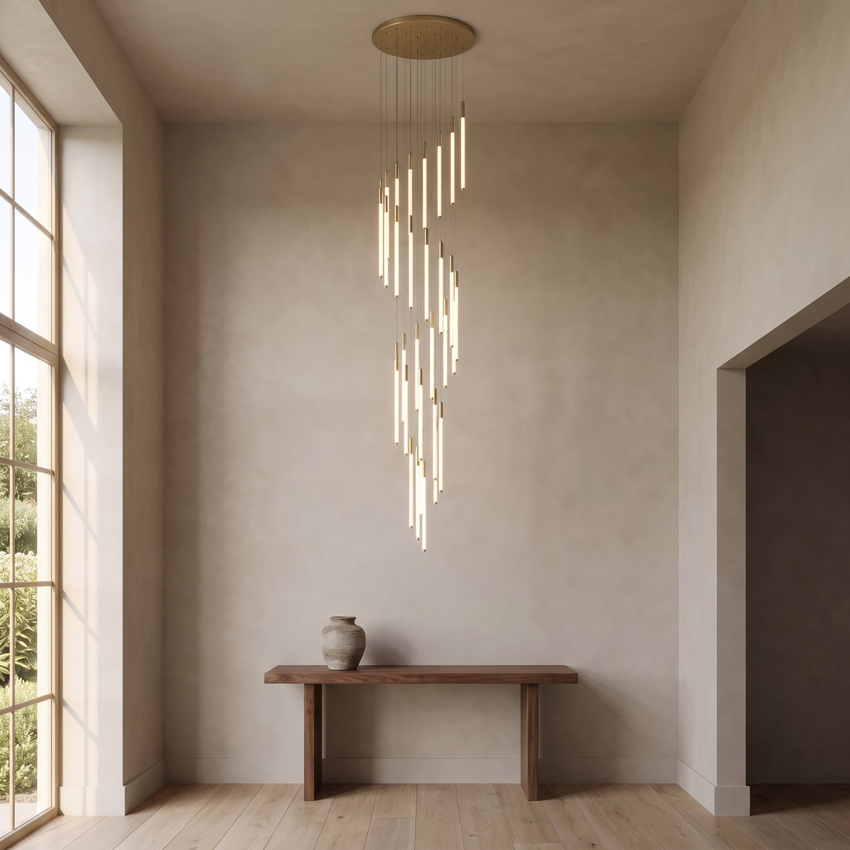 Cascading LED tube chandelier in gold with 32 lights