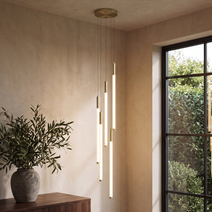 Cascading LED tube chandelier in gold with 5 lights