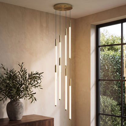 Cascading LED tube chandelier in gold with 8 lights