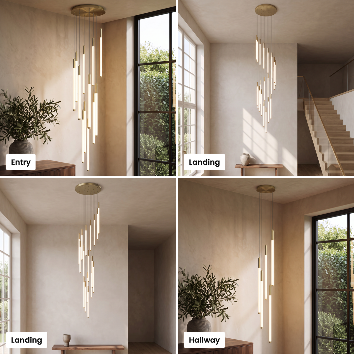 Cascading LED tube chandelier shown in entry, stairwell, landing and hallway settings