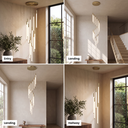 Cascading LED tube chandelier shown in entry, stairwell, landing and hallway settings