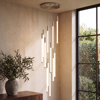 Cascading LED tube chandelier in silver with 12 lights