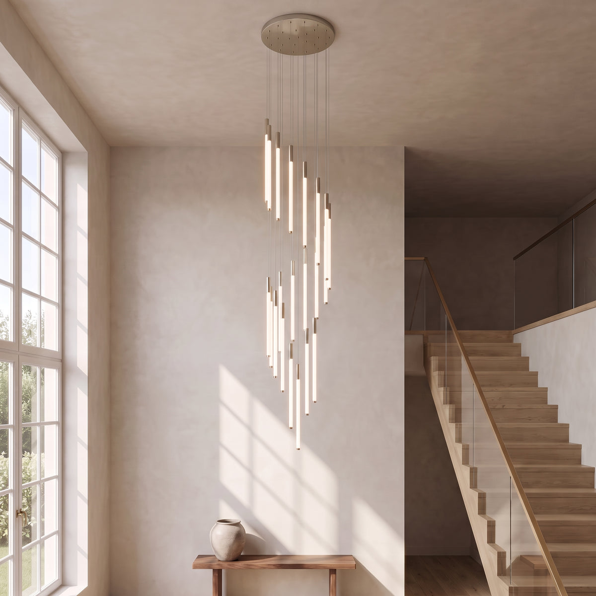 Cascading LED tube chandelier in silver with 26 lights